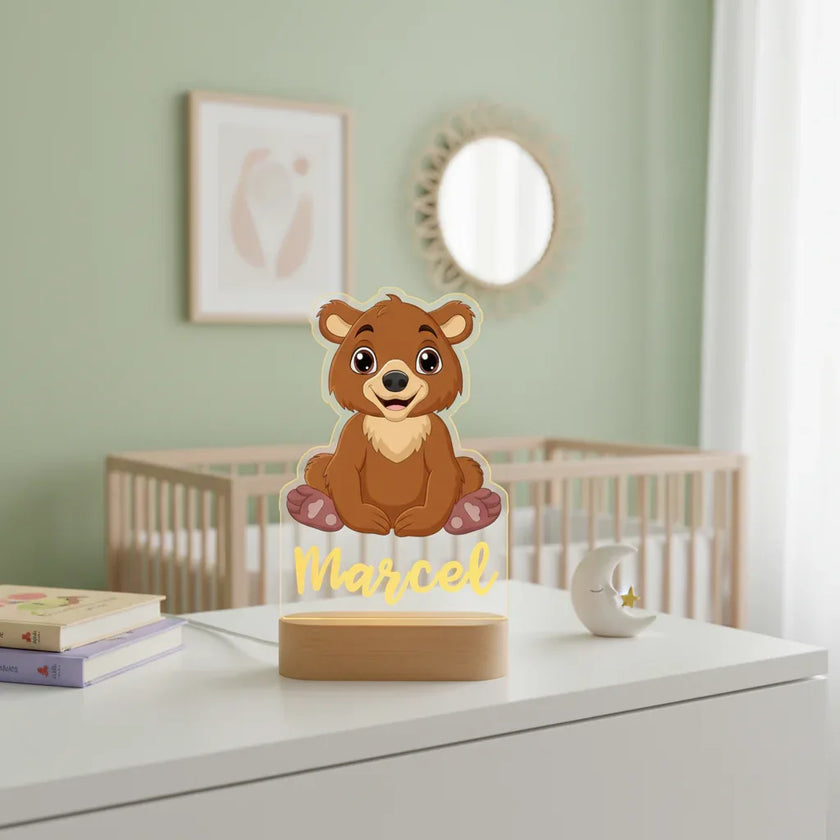 Brown Bear Personalized Animal Night Light Custom Name Acrylic Lamp for Baby’s Room or Kids’ Bedroom