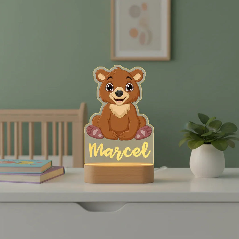 Brown Bear Personalized Animal Night Light Custom Name Acrylic Lamp for Baby’s Room or Kids’ Bedroom