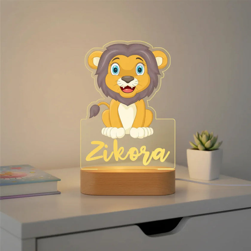 Jungle Lion Personalized Animal Night Light Custom Name Acrylic Lamp for Baby and or Kids Bedroom