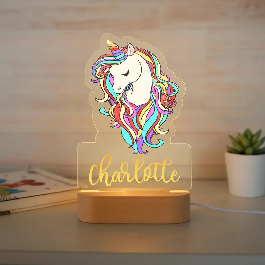 Unicorn with Rainbow Hair Personalized Children's Night Light Custom Name Acrylic Lamp for Nursery or Kids Bedroom
