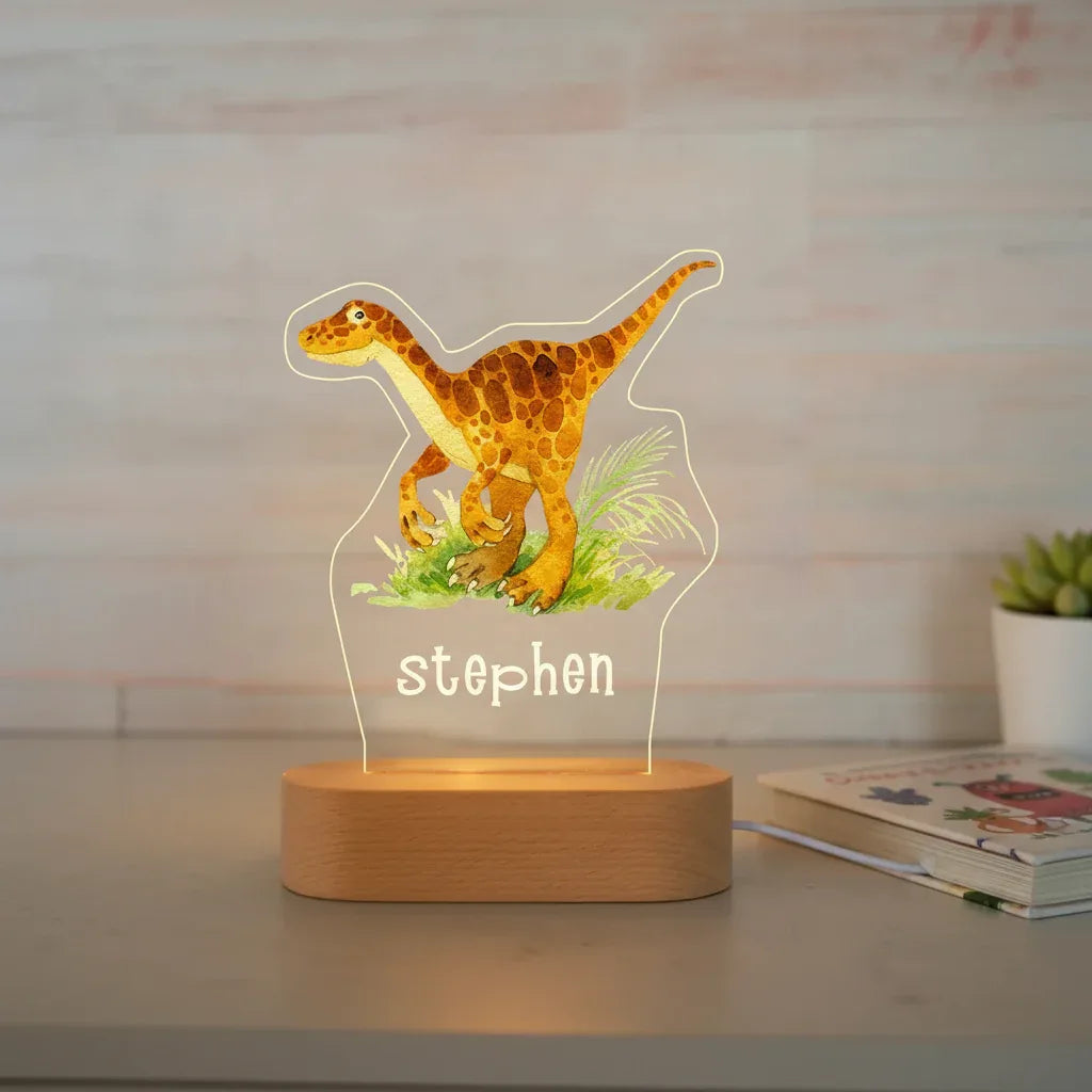 Velociraptor Dinosaur Personalized Children's Night Light Custom Name Acrylic Lamp for Baby's Room or  Kids Bedroom