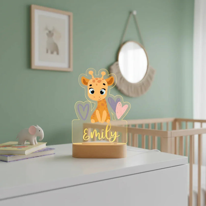 Giraffe with Hearts Personalized Animal Night Light Custom Name Acrylic Lamp for Baby and Kids Bedroom