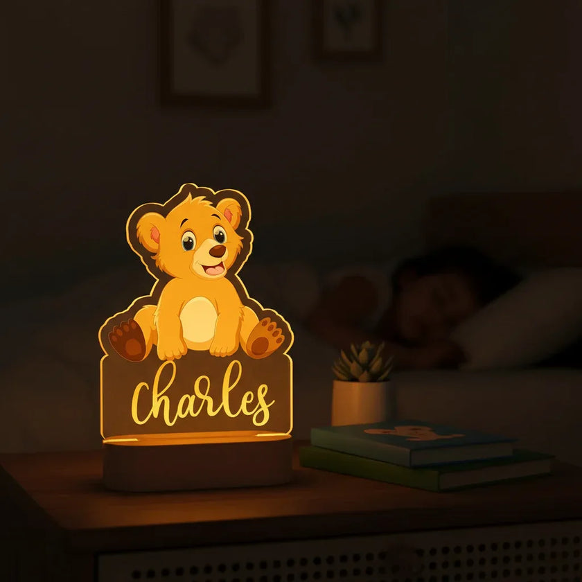Golden Lion Cub Personalized kids Night Light Custom Name Acrylic Lamp for Kids Bedroom or Nursery