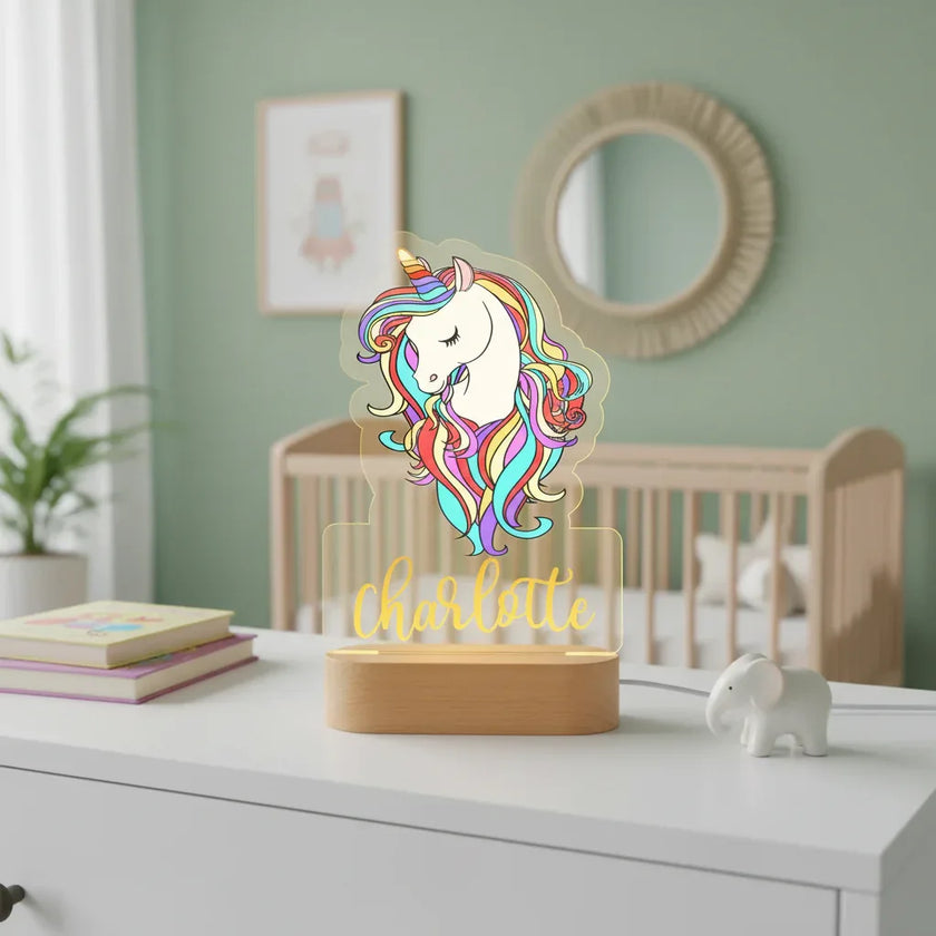 Unicorn with Rainbow Hair Personalized Children's Night Light Custom Name Acrylic Lamp for Nursery or Kids Bedroom