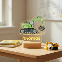 Green Excavator Personalized Night Light Custom Name Acrylic Lamp for Baby Nursery or Kids Bedroom