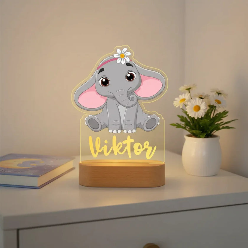 Cute Elephant Personalized Animal Night Light Custom Name Acrylic Lamp for Baby or Kids Bedroom
