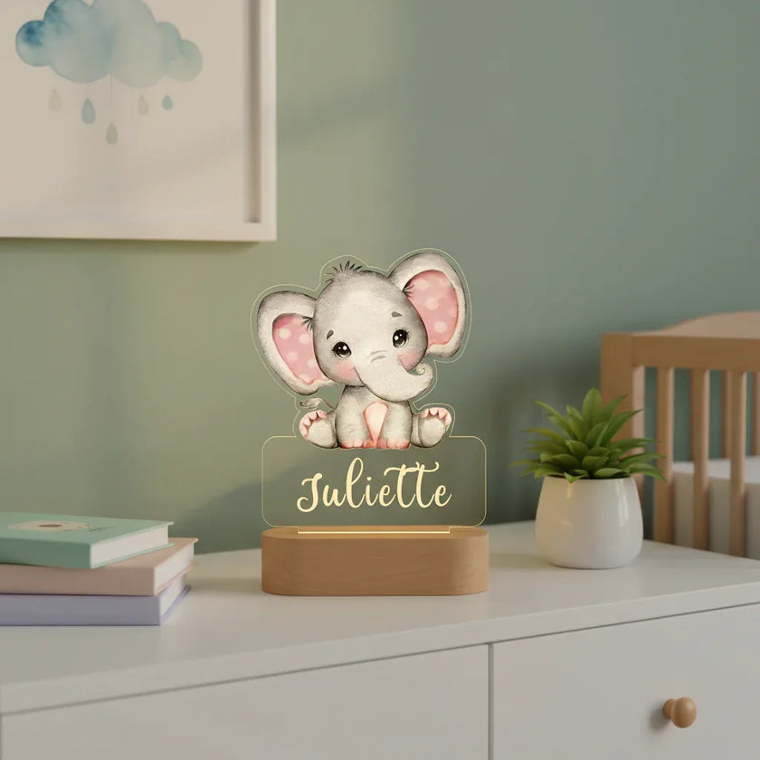 Elephant with Pink Ears Personalized Night Light Custom Name Acrylic Lamp for Baby’s Room or Kids Bedroom