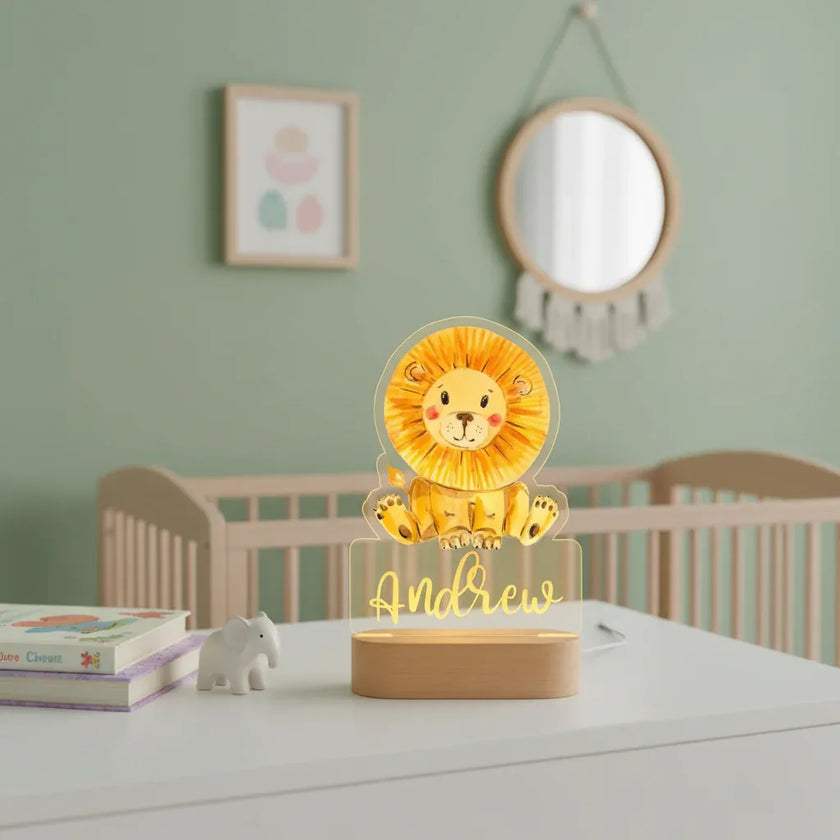 Lion Personalized Kids Animal Night Light Custom Name Acrylic Lamp for Baby's Room and Kids Bedroom