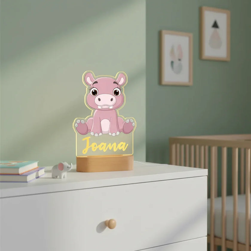 Hippo Personalized Animal Night Light Custom Name Acrylic Lamp for Baby Nursery and Kids Bedroom