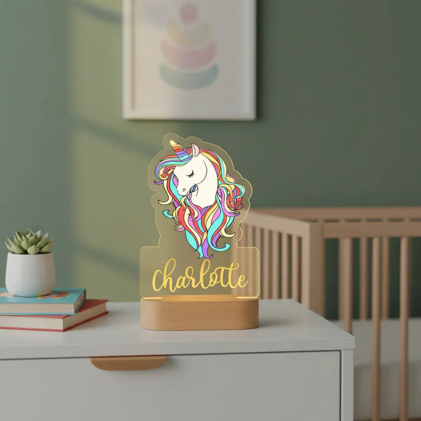 Unicorn with Rainbow Hair Personalized Children's Night Light Custom Name Acrylic Lamp for Nursery or Kids Bedroom