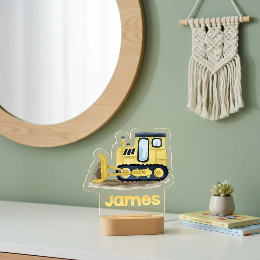 Yellow Bulldozer Personalized kids Night Light Custom Name Acrylic Lamp for Kids Bedroom or Nursery