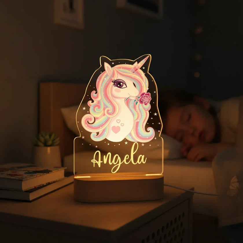 Sparkly Unicorn Personalized Night Light Custom Name Acrylic Lamp Baby Girl’s Room