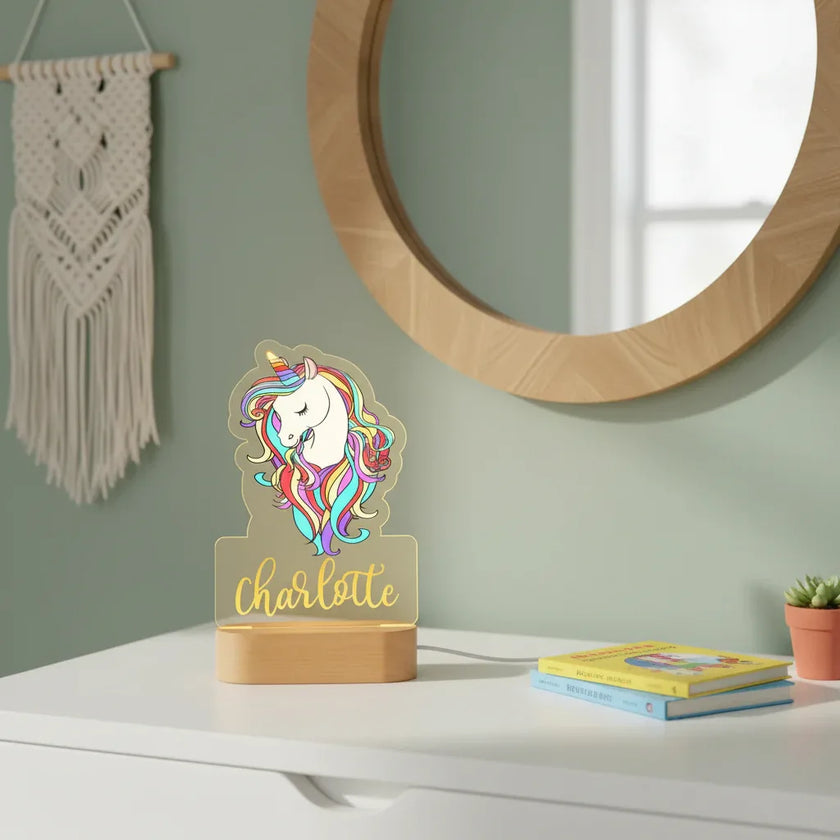 Unicorn with Rainbow Hair Personalized Children's Night Light Custom Name Acrylic Lamp for Nursery or Kids Bedroom