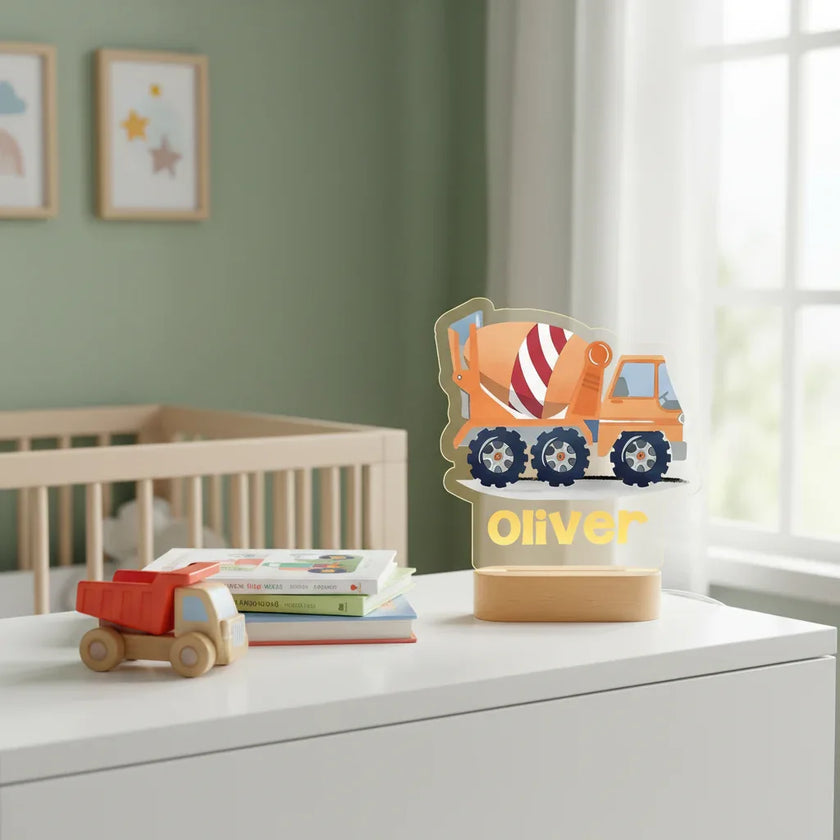 Cement Truck Personalized Night Light Custom Name Acrylic Lamp for Baby or Kids Bedroom