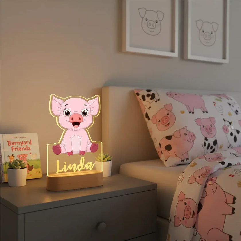 Pink Piglet Personalized Children's Animal Night Light Custom Name Acrylic for Lamp Baby or Kids Bedroom