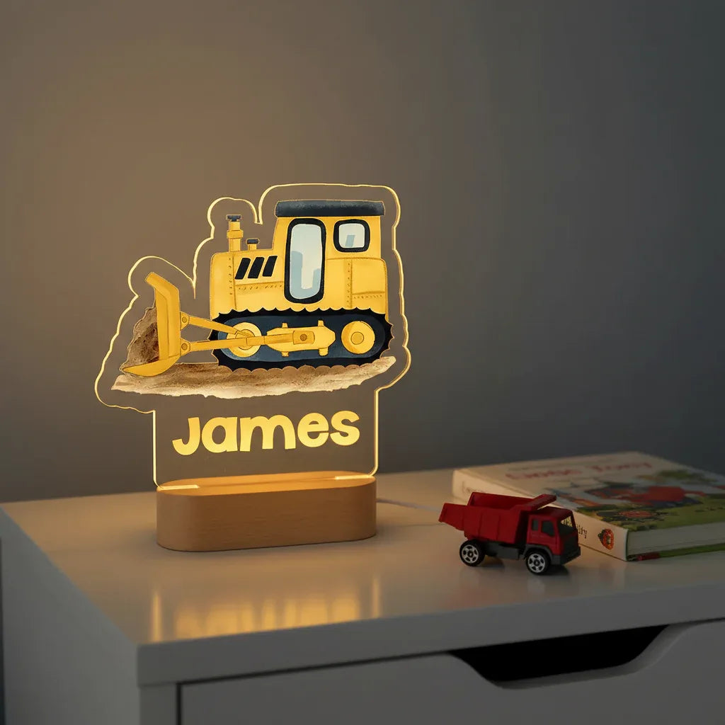 Yellow Bulldozer Personalized kids Night Light Custom Name Acrylic Lamp for Kids Bedroom or Nursery