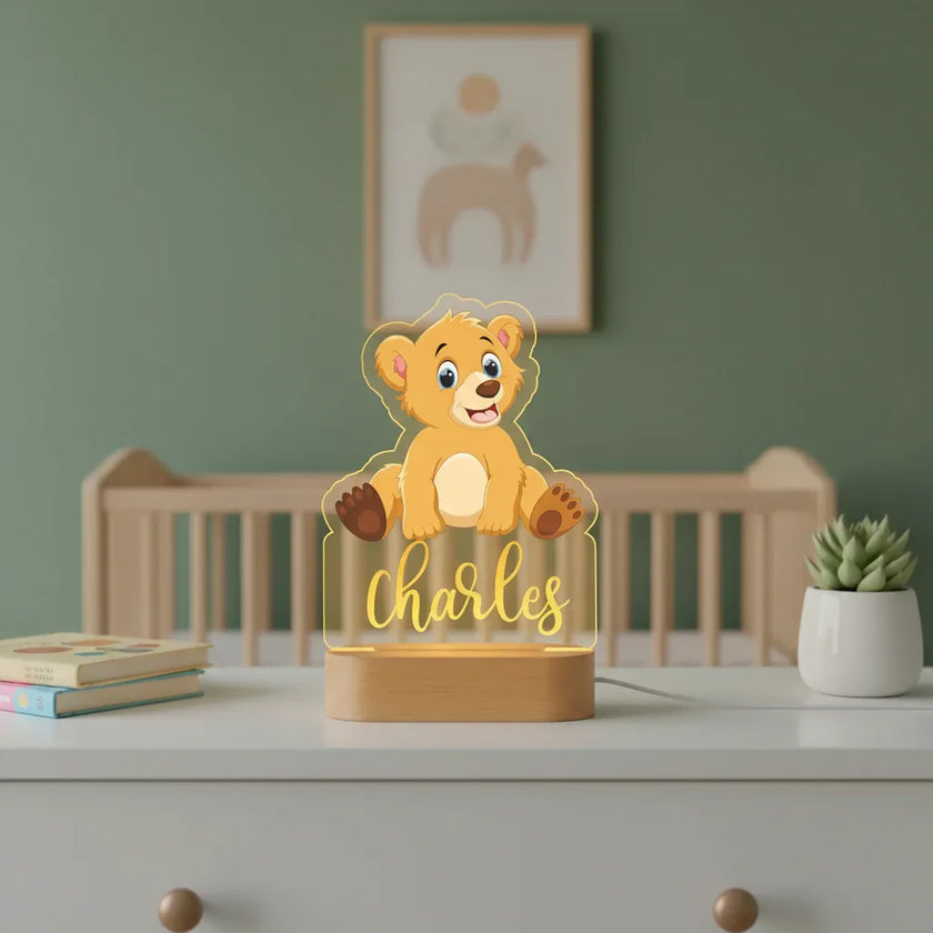Golden Lion Cub Personalized kids Night Light Custom Name Acrylic Lamp for Kids Bedroom or Nursery