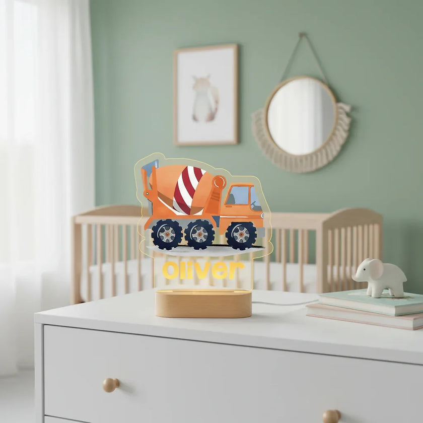 Cement Truck Personalized Night Light Custom Name Acrylic Lamp for Baby or Kids Bedroom