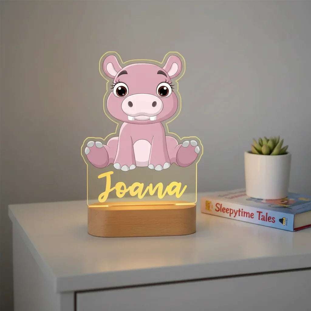 Hippo Personalized Animal Night Light Custom Name Acrylic Lamp for Baby Nursery and Kids Bedroom