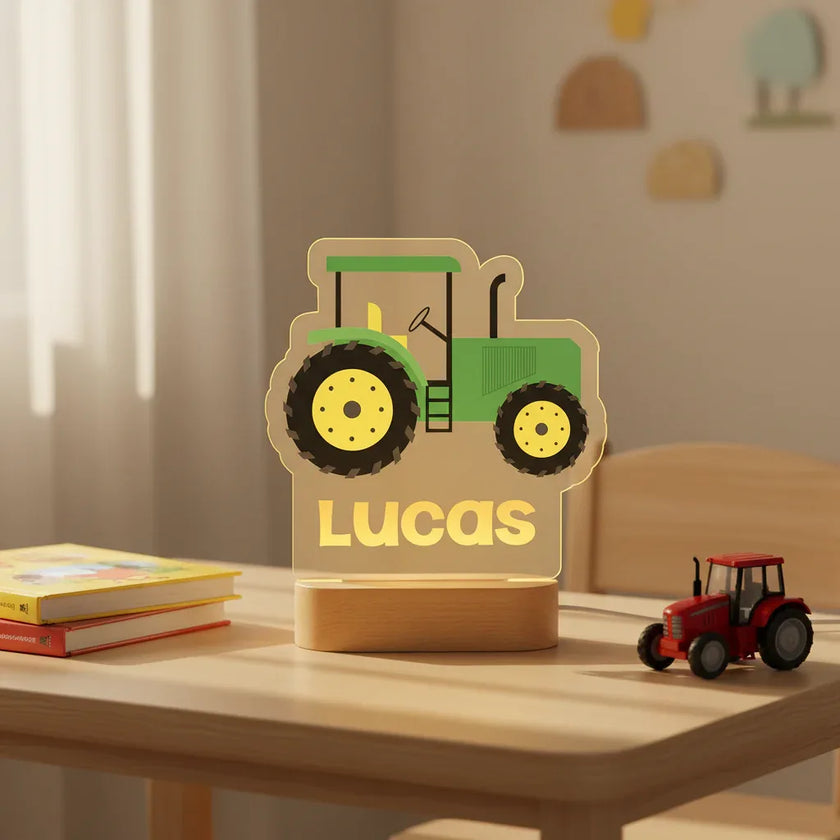 Classic Green Tractor Personalized kids Night Light Custom Name Acrylic Lamp for Kids Bedroom or Nursery