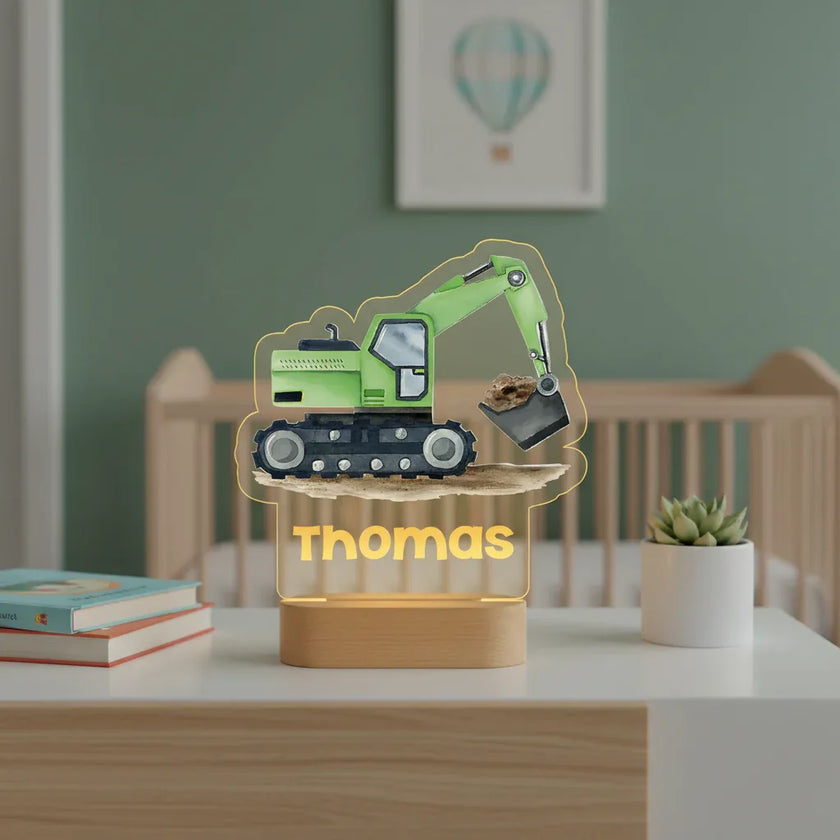 Green Excavator Personalized Night Light Custom Name Acrylic Lamp for Baby Nursery or Kids Bedroom