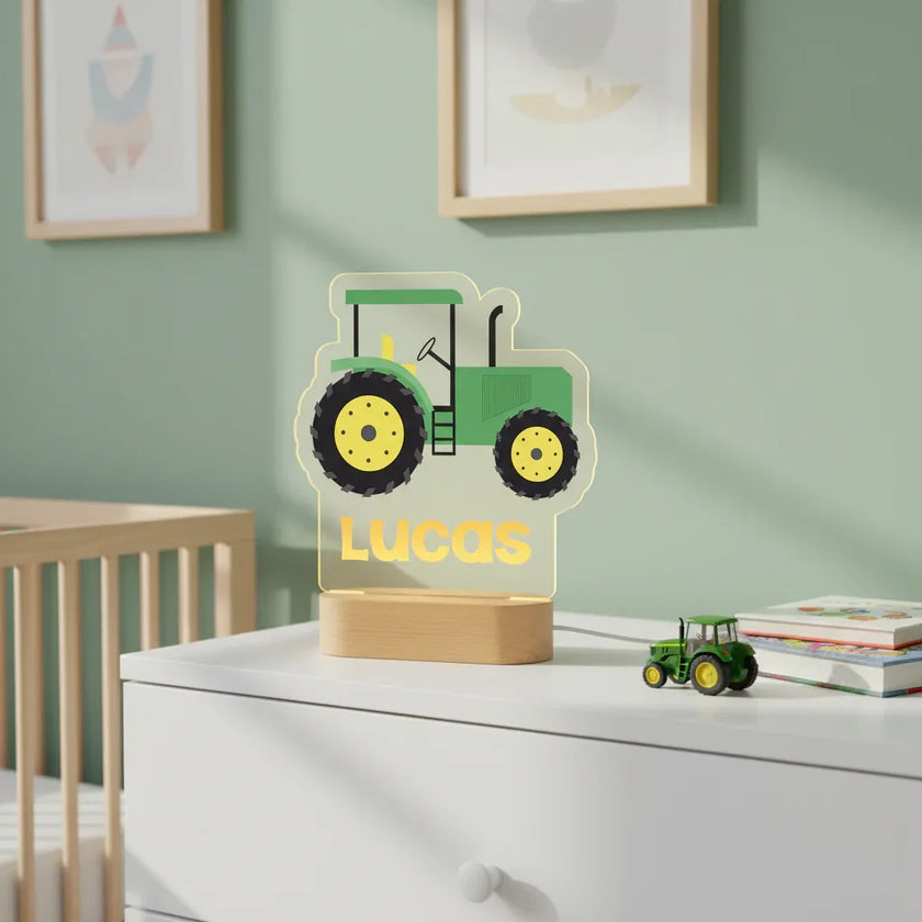 Classic Green Tractor Personalized kids Night Light Custom Name Acrylic Lamp for Kids Bedroom or Nursery