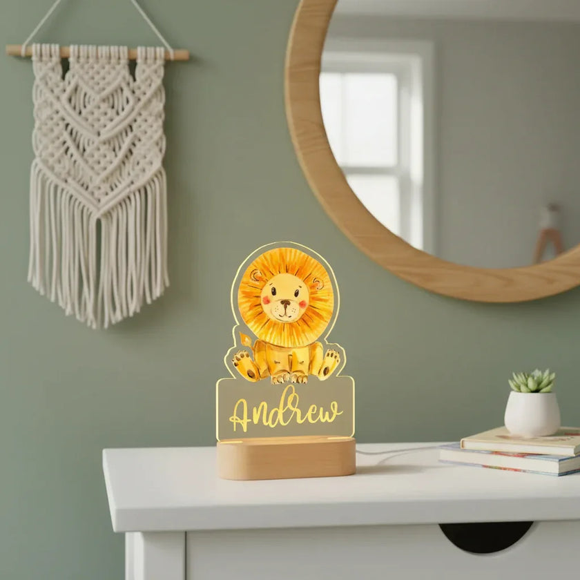 Lion Personalized Kids Animal Night Light Custom Name Acrylic Lamp for Baby's Room and Kids Bedroom