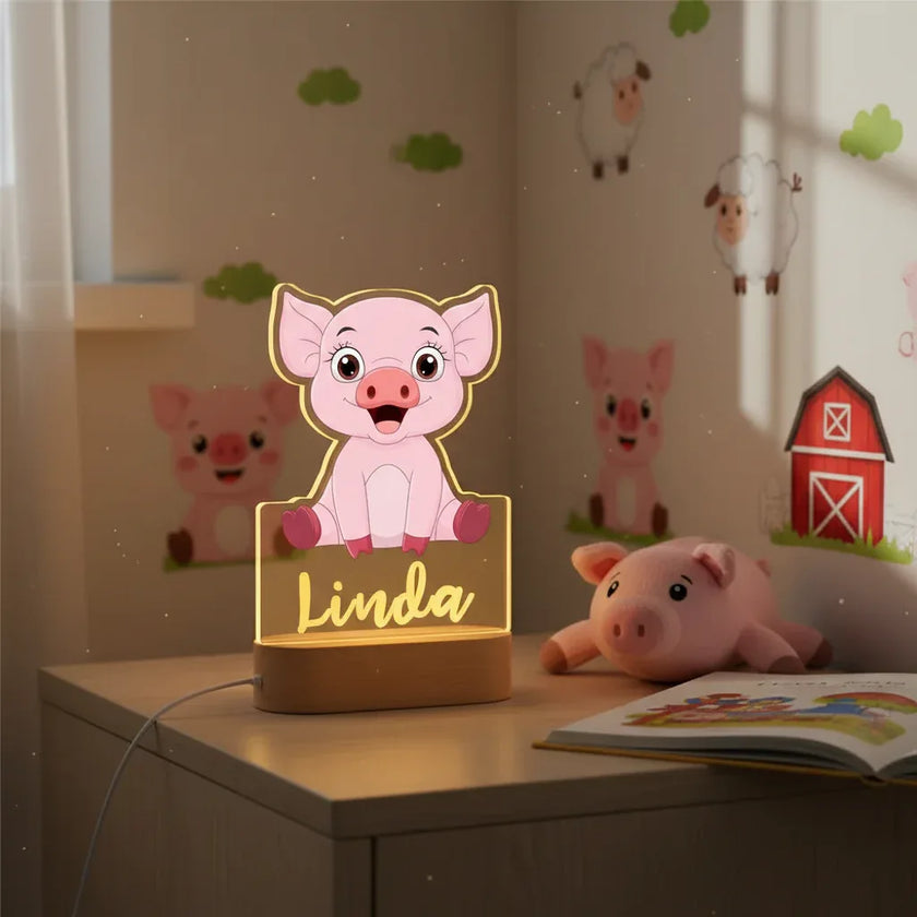 Pink Piglet Personalized Children's Animal Night Light Custom Name Acrylic for Lamp Baby or Kids Bedroom
