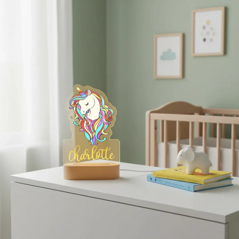 Unicorn with Rainbow Hair Personalized Children's Night Light Custom Name Acrylic Lamp for Nursery or Kids Bedroom