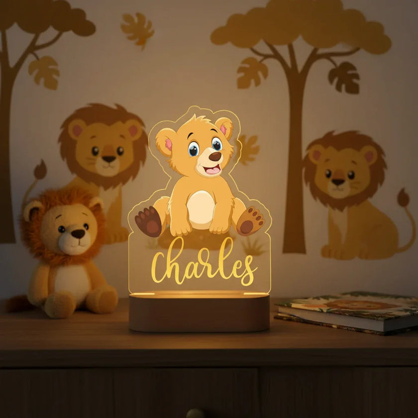 Golden Lion Cub Personalized kids Night Light Custom Name Acrylic Lamp for Kids Bedroom or Nursery