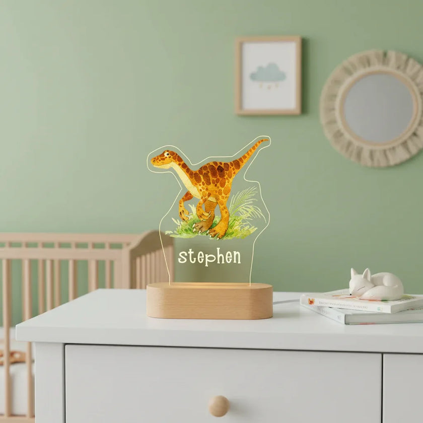 Velociraptor Dinosaur Personalized Children's Night Light Custom Name Acrylic Lamp for Baby's Room or  Kids Bedroom