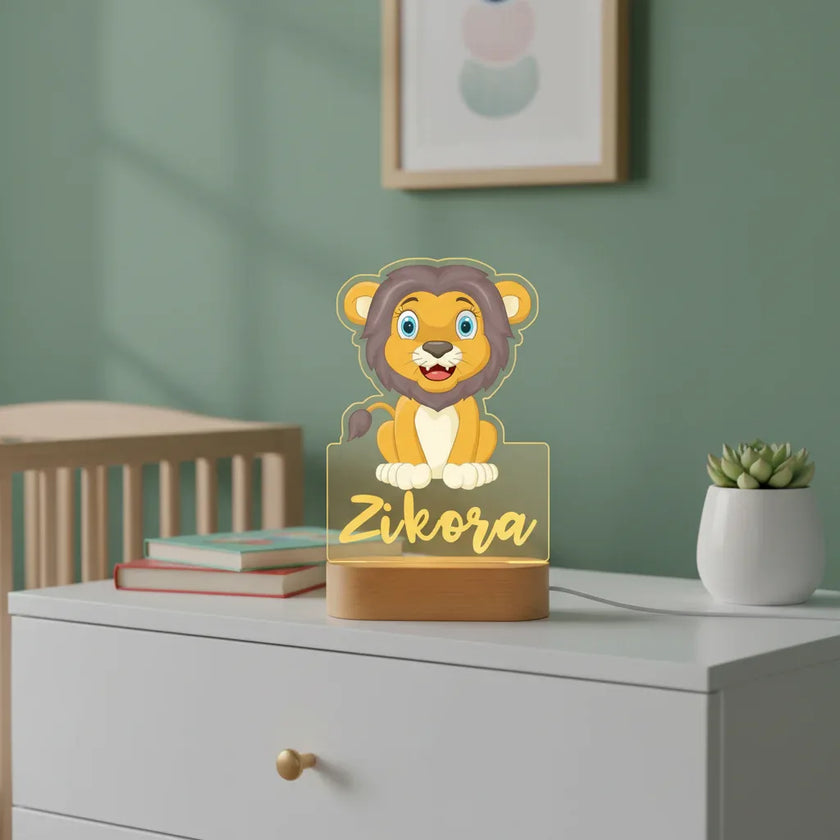 Jungle Lion Personalized Animal Night Light Custom Name Acrylic Lamp for Baby and or Kids Bedroom