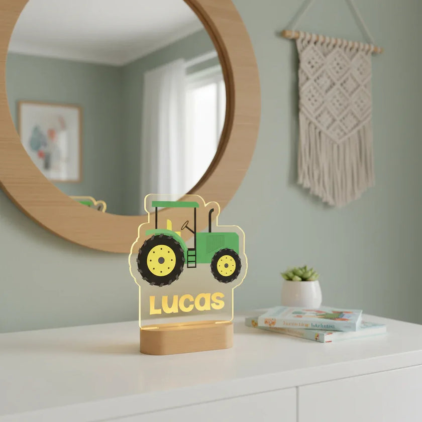 Classic Green Tractor Personalized kids Night Light Custom Name Acrylic Lamp for Kids Bedroom or Nursery