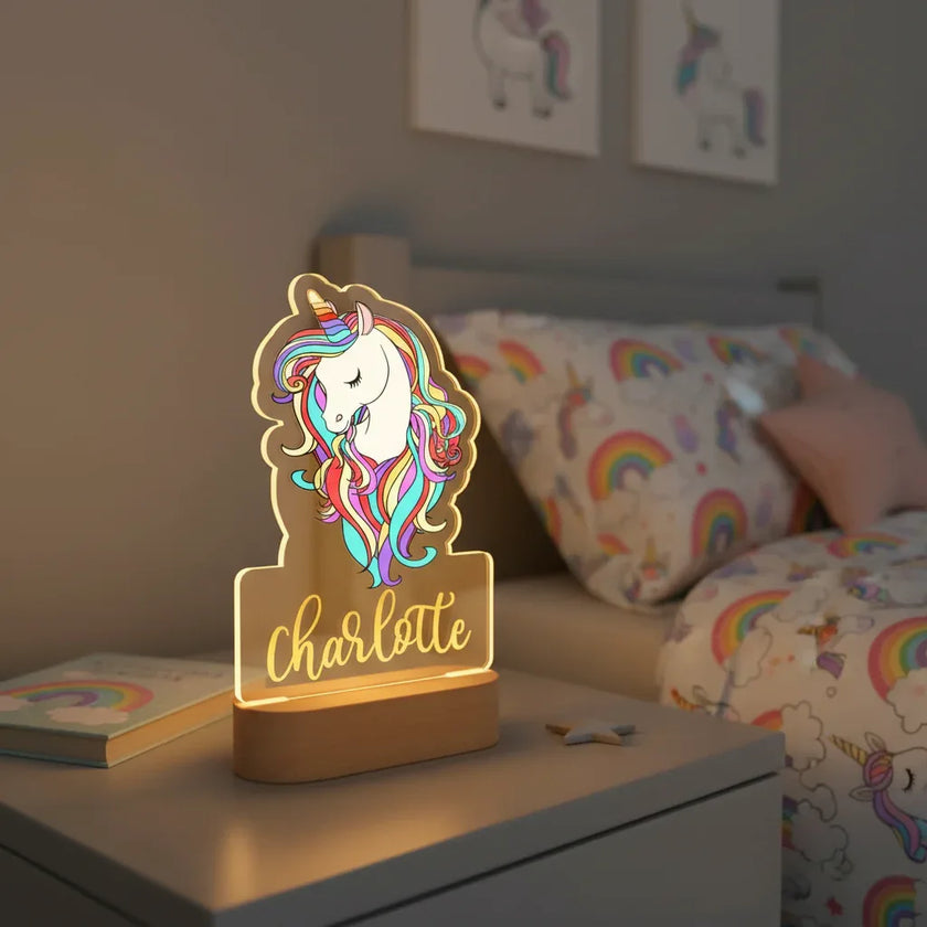 Unicorn with Rainbow Hair Personalized Children's Night Light Custom Name Acrylic Lamp for Nursery or Kids Bedroom