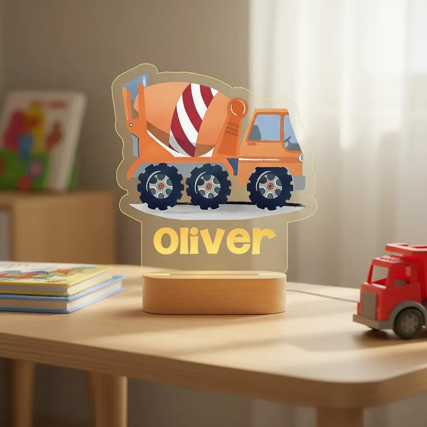 Cement Truck Personalized Night Light Custom Name Acrylic Lamp for Baby or Kids Bedroom