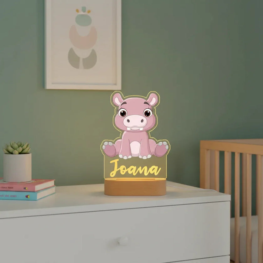 Hippo Personalized Animal Night Light Custom Name Acrylic Lamp for Baby Nursery and Kids Bedroom