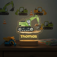 Green Excavator Personalized Night Light Custom Name Acrylic Lamp for Baby Nursery or Kids Bedroom