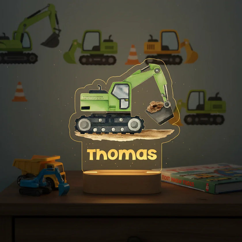 Green Excavator Personalized Night Light Custom Name Acrylic Lamp for Baby Nursery or Kids Bedroom