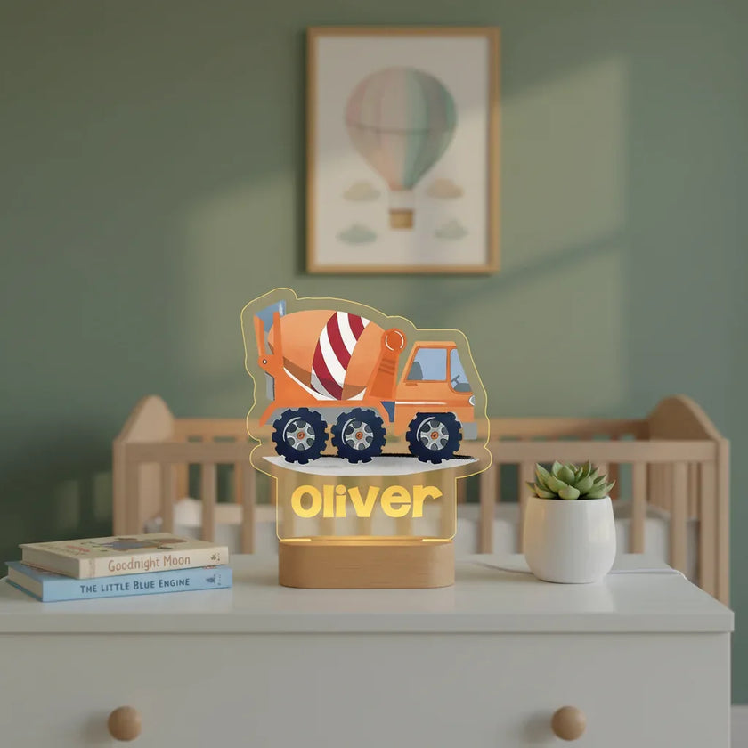 Cement Truck Personalized Night Light Custom Name Acrylic Lamp for Baby or Kids Bedroom