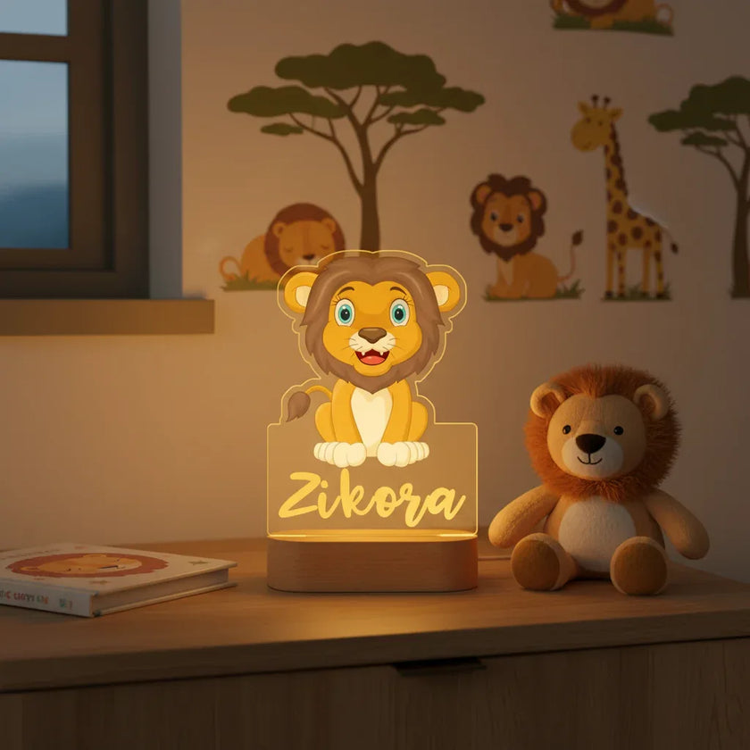 Jungle Lion Personalized Animal Night Light Custom Name Acrylic Lamp for Baby and or Kids Bedroom