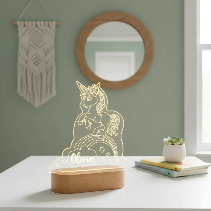 Unicorn on a Rainbow Personalized kids Night Light Custom Name Acrylic Lamp for Kids Bedroom or Nursery