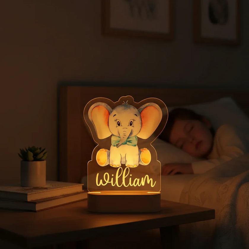 Baby Elephant Personalized Animal Night Light Custom Name Acrylic Lamp for Baby Nursery Kids and Bedroom