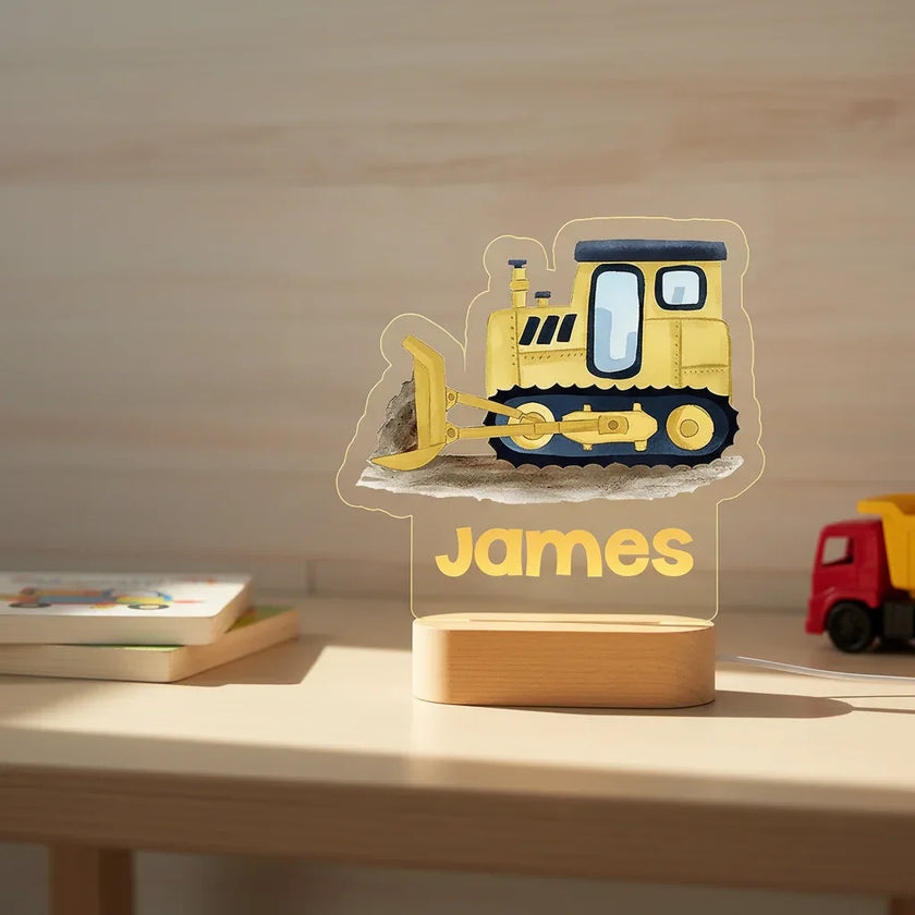 Yellow Bulldozer Personalized kids Night Light Custom Name Acrylic Lamp for Kids Bedroom or Nursery