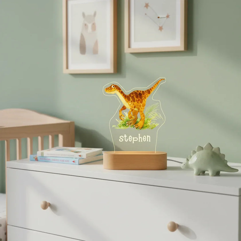 Velociraptor Dinosaur Personalized Children's Night Light Custom Name Acrylic Lamp for Baby's Room or  Kids Bedroom