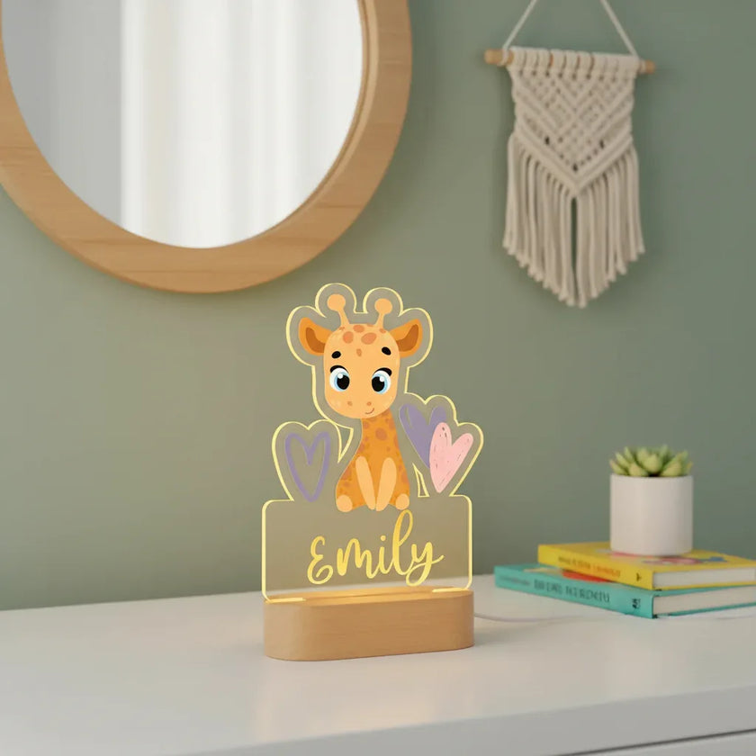 Giraffe with Hearts Personalized Animal Night Light Custom Name Acrylic Lamp for Baby and Kids Bedroom