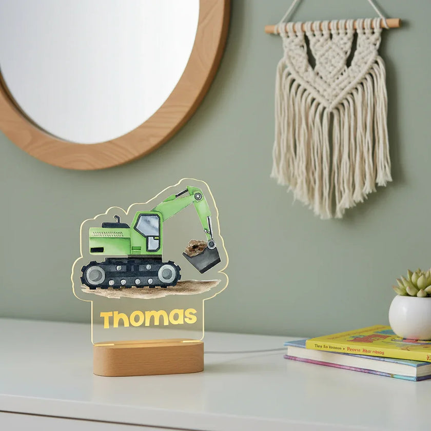 Green Excavator Personalized Night Light Custom Name Acrylic Lamp for Baby Nursery or Kids Bedroom
