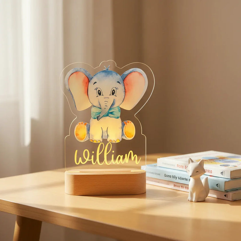 Baby Elephant Personalized Animal Night Light Custom Name Acrylic Lamp for Baby Nursery Kids and Bedroom