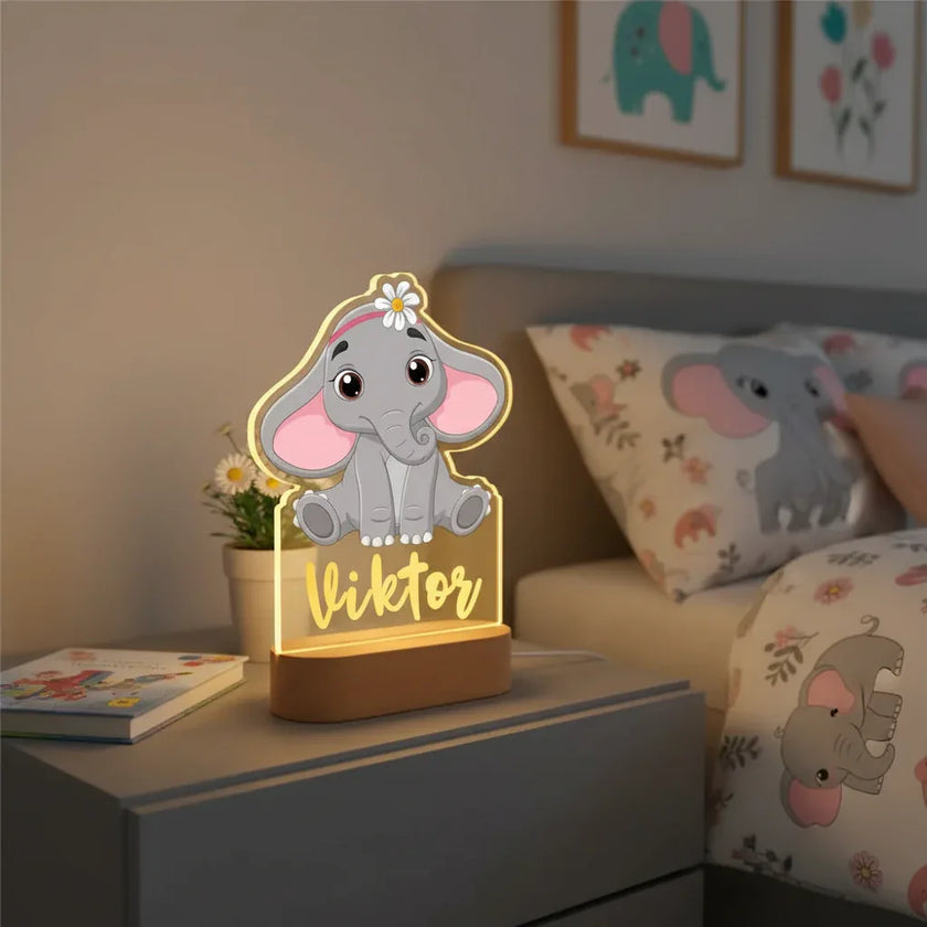 Cute Elephant Personalized Animal Night Light Custom Name Acrylic Lamp for Baby or Kids Bedroom