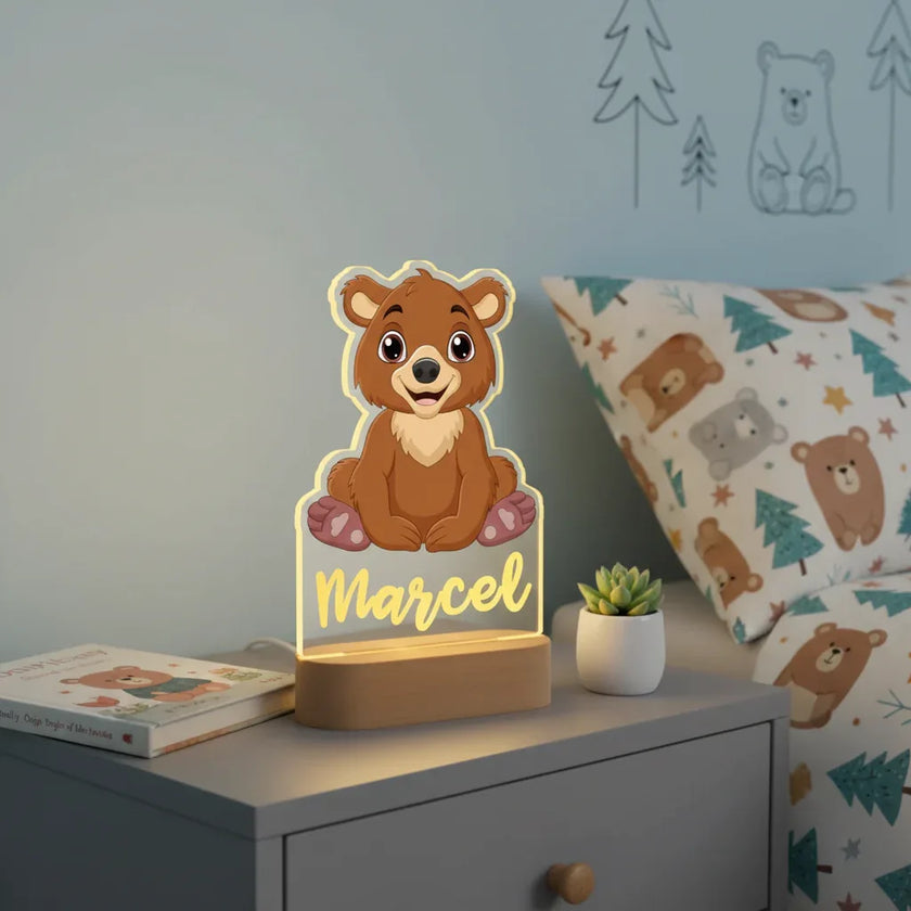 Brown Bear Personalized Animal Night Light Custom Name Acrylic Lamp for Baby’s Room or Kids’ Bedroom