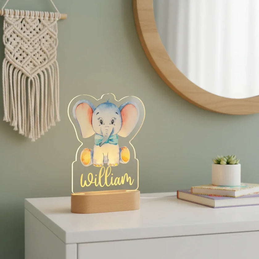 Baby Elephant Personalized Animal Night Light Custom Name Acrylic Lamp for Baby Nursery Kids and Bedroom
